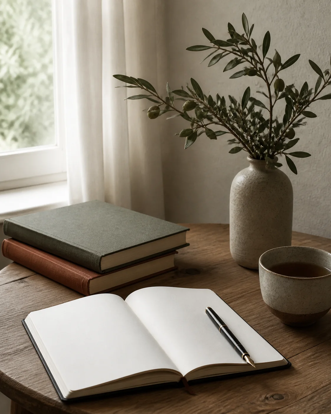 Gün ışığında açık defter, kitaplar, çay ve zeytin dalı bulunan sakin çalışma köşesi